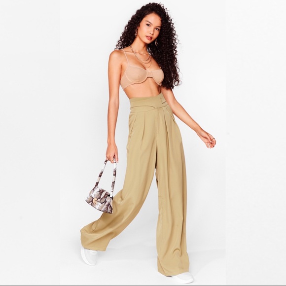 NWT Nasty Gal Khaki High-Waisted Wide-Leg Pants - Picture 2 of 9